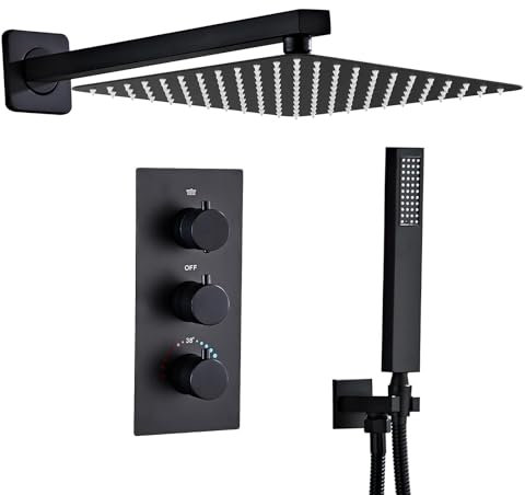 Sanitemodar Douche Encastrée Thermostatique Noir, Colonne de Douche Encastrée avec 30x30cm Douche de Tête, Mitigeur Douche Encastre avec Douchette