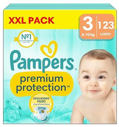 Pampers Premium Protection Größe 3, 123 Windeln, 6 kg - 10 kg, doppelter Schutz für die Haut und gegen Auslaufen