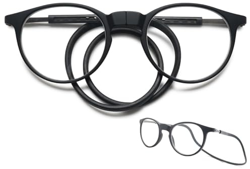 KOOSUFA Runde Magnetische Lesebrille mit Magnetverschluss Clip Herren Damen Leicht TR90 Faltbare Lesehilfe Arbeitsplatzbrille mit Einziehbare Brillenbügel, zum Aufhängen am Hals