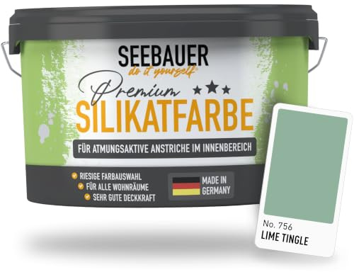 SEEBAUER diy Silikatfarbe Grün 10L für Innen (No. 756 Lime Tingle) Atmungsaktive Mineralfarbe für Allergiker - Abwaschbare Wandfarbe - Grüntöne hohe Deckkraft