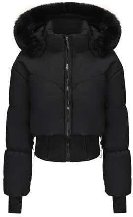 Womens Winter Coats Faux Fur Hooded Puffer Jackets Cropped Parka Jacket Short Quilted Jacket Full Zip Warm Padded Coat with Thumb Hole Hood Overcoat Hoodies Thickened Cotton Outerwear