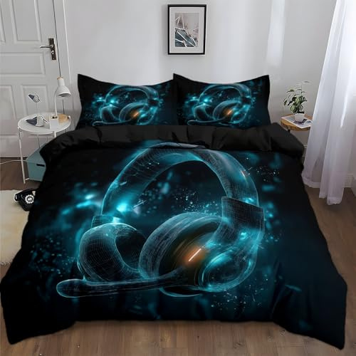 Generisch Bettwäsche 135 x 200 cm 2teilig Schwarz Kunst Leuchten Kopfhörer Bettwäsche - Sets 3D Druck Microfaser Weiche Wende Bettbezug mit Reißverschluss und Kissenbezug 80 x 80 cm