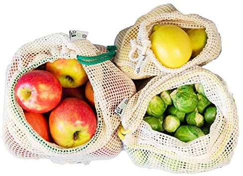 EcoYou Gemüsebeutel Bio-Baumwolle wiederverwendbar 3er Set (S,M,L) mit Gewichtsangabe Zero Waste Obstnetz & Gemüsenetz für den plastikfreien Einkauf NACHHALTIGE Einkaufsnetze + Saisonkalender