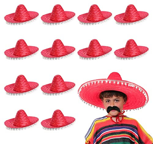 Sombrero mexicano multicolor para niños con bordes de pompón, accesorio de paja para vacaciones, paquete de 12