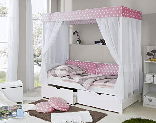 TiCAA Kinderbett Himmelbett mit Schubkasten 90x200 cm, für Jungen & Mädchen, inkl. Vorhangstoff, Montessori Bett weiß aus Kiefer Massivholz