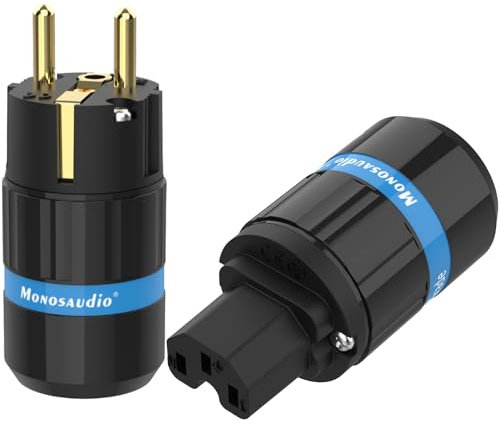 Monosaudio Paar HiFi Schukostecker+IEC C15 Anschluss High End Kaltgeräte-Stecker 16A 250V Audiophiler Netzstecker Kupplung (Vergoldet, E104G/F104G)
