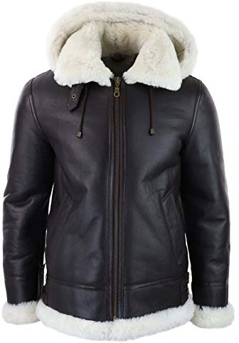 TruClothing Mens Real Leather Sherling Sheepskin Hood Jacket Vintage Aviator Flying Pilot - brown cream XXL