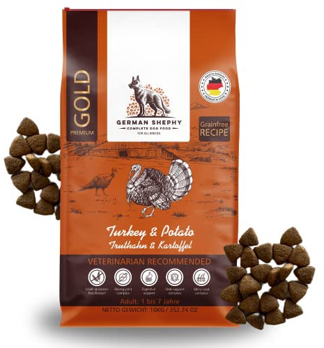 German Shephy Dog Food | 10kg | Getreidefreies Hundefutter trocken | Hypoallergen | Für Fell, Gelenke & Immunität | Truthahn & Kartoffel | Mit hohem Fleischanteil | Leicht verdaulich (10kg)