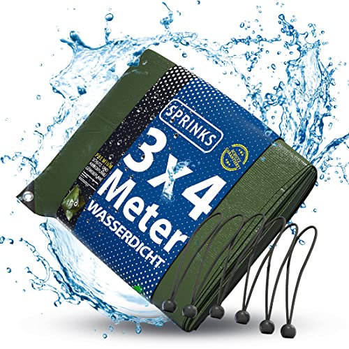 SPRINKS® Abdeckplane Professional 240 g/m² [3x4m] - Robuste Gewebeplane mit Ösen - Plane Wasserdicht und UV Beständig - Tarp Outdoor - Wetterfeste Allzweckplane inkl. 6 Plannenspanner