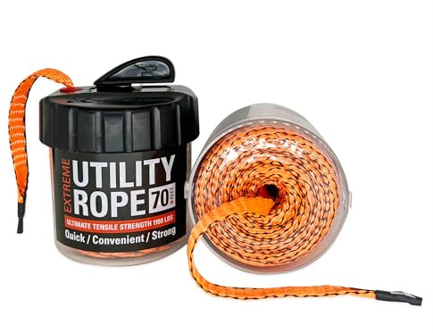Rapid Rope Canister 70ft Orange Flat Tactical Paracord, Made in USA, 1100lb Tested Heavy Duty Poly Rope Test Cord, Non-Tangle Dispenser Included - Hiking, Camping, Survival, Utility, Climbing