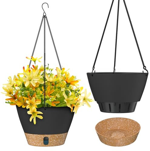 ZMTECH Maceta Colgante de 25 cm Maceta Colgante de 10 Pulgadas con Agujeros de Drenaje Plato para Plantas De Jardín de Casa de Interior Exterior (Gris Oscuro, Juego De 2)