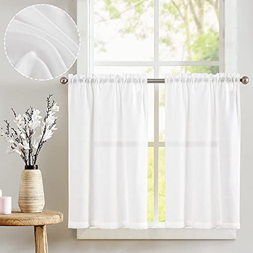 Vangao Leinen Scheibengardinen Küche Weiß Bistrogardine 2er Set mit Tunnelzug Küchengardinen für Balkontür Wohnwagen Landhausstil Bauernhaus Gardinen Kurz Sheer Vorhang Halbtransparente 65Bx60Hcm
