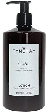 Tyneham Calm Hand and Body Lotion 500ml Amber Bottle, Refillable Lotion, Cruelty Free and Vegan, Luxury Lotion in Pump Bottle - Patchouli, Lemon, Rosemary