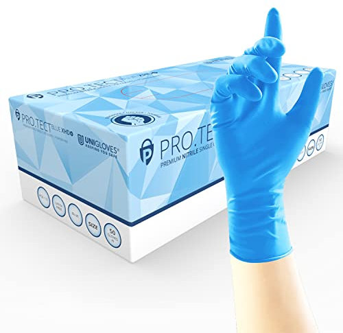 Unigloves PRO.TECT Blue XHD+ Nitrile Disposable Gloves - Ultra Heavy Duty, Single Use, Multipurpose, Powder Free Gloves - Box of 50 Gloves, Blue, Medium (GA0103)