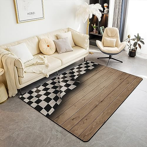 Schwarzer weißer Karierter Flaggenteppich 150x200,Rennauto-Thema Innenbodenmatte für Spielzimmer Nachttisch Sofa Schlafzimmer, braun gestreiftes altes Holzbrett Nicht verschütten Teppich
