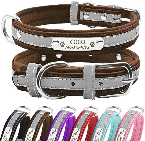 Senristar Personalised Reflective Dog Collars with Neoprene Padded,Custom Engraved Dog Collar with Name Plate for Small Medium Large Dogs (L,Brown)
