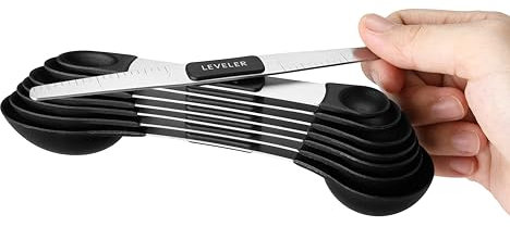 Spring Chef Stainless Steel Magnetic Measuring Spoons Set of 8 with Leveler, Dual Sided BPA Free Teaspoon and Tablespoon Measure Spoons, Metal Kitchen Gadgets for Baking & Cooking - Black