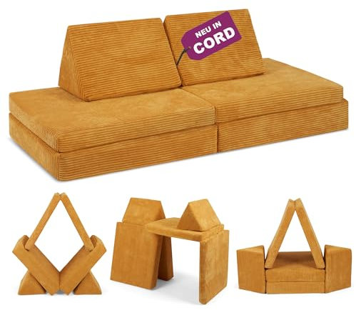 Linodino® Spielsofa Cord - Kindersofa | Schaumstoff Bausteine für einen aufregenden Indoor Spielplatz | Kinder Sofa als Kuschelecke im Kinderzimmer | Mit Schlaffunktion | Gänseblümchen Gelb