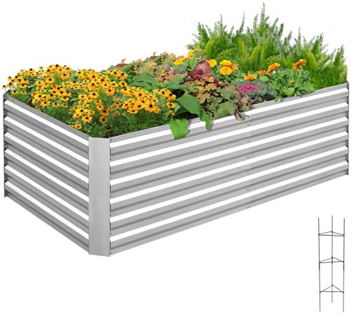 Quictent Hochbeet Pflanzkasten aus Metall, 180 x 90 x 56cm Kräuterbeet ohne Boden für Garten, Freistehendes Gemüsebeet mit Tomatenkäfigen,Silber