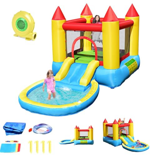 GOPLUS Château Gonflable avec Souffleur, Toboggan et Piscine,Aire de Jeu Gonflable pour 2 Enfants de 3 à 5 Ans,Trampoline,Jusqu’à 68 KG,365 x 200 x 190CM(avec Souffleur 450W)
