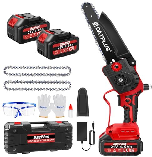 Mini Chainsaw Cordless, 8 inch Portable Electric Chainsaw, Battery Powered Chain Saw, 2Pcs 4000mAh Batteries, 2 Chains, Oil Bottle, Security Lock for Wood Cutting/Tree Trimming/Gardening, Red