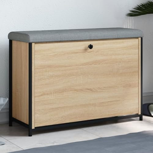 CIADAZ Schuhbank mit Klappe Sonoma-Eiche 82x32x56 cm, Sitzbank Flur, Schuhregal Mit Sitzfläche, Schuhschrank Mit Sitzbank, Garderobenbank - 835123