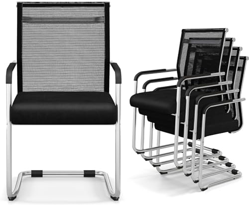 HOMASIS Set mit 4 Bürostühlen ohne Rollen, Stühle mit ergonomischen Armlehnen, stapelbar, Konferenzstühle, Wartezimmer, Tragkraft 150 kg, Schwarz