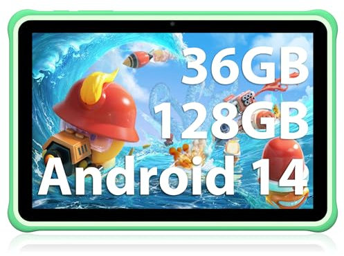 FASTWD Tablet Kinder 10 Zoll Android 14 Tablet,36GB RAM +128 GB ROM (Erweiterbar SD),1280 * 800 IPS Display,5G WiFi,Bluetooth 5.0,Spiele, Kindersicherung,Bildung Tablets(Grüner)