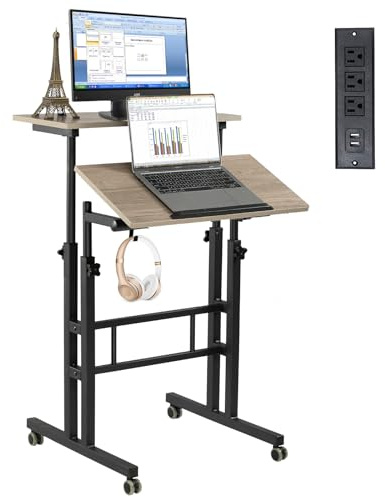 Hadulcet Mobiler Standcomputer mit Ladestation, verstellbarer Computer Stehpult, Laptopwagen mit Rädern, für Zuhause, Büro, Klassenzimmer, Hellgrau