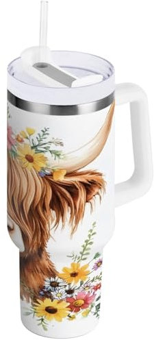 Mnsruu 40 oz Tumbler with Straw Lid Adorable Highland Cow Wildflowers Tumbler with Handle Insulated Stainless Steel Water Bottle Coffee Travel Mug 1.18L