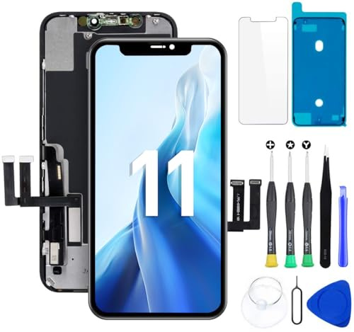 Hoonyer Display Ersatz Set für iPhone 11 (6,1 Zoll), 3D Touch Bildschirm mit Rahmen & Digitizer, inkl. Reparaturwerkzeug, wasserdichtem Klebestreifen & gehärtetem Displayschutz
