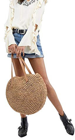 CampHiking Sac rond en paille pour femme, sac d'été, sac de plage, sac de voyage, sac avec bandoulière, marron, Camel