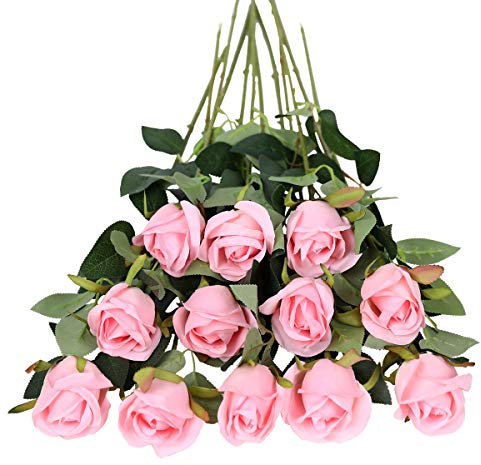 Tifuly Rosen Künstliche Blumen 12 Pcs Seide Künstliche Rose Blumen Gefälschte Blumen für Brautstrauss Haus Hochzeits Party Deko DIY(Rosa)