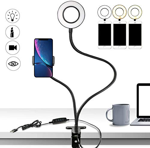 Mediawave Store 187103 Lampe à selfie porte-téléphone réglable 2 modes LED, anneau lumineux pour photo, lampe à selfie avec pince, maquillage photo Youtube Tik Tok vidéo, Instagram