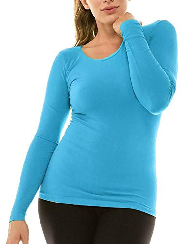 Womens Long Sleeve Stretch Plain Round Scoop Neck T Shirt Top Ladies Fitted Tee (Turquoise, 12-14)