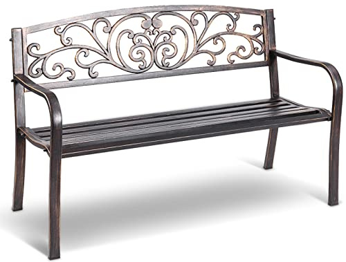 GYMAX Gartenbank Metall, Parkbank für 2-3 Sitzer, Sitzbank mit Armlehnen & Rückenlehne, Ruhebank bis 280 kg belastbar, Terrassenbank für Garten & Balkon, 126 x 60 x 85 cm (Bronze)