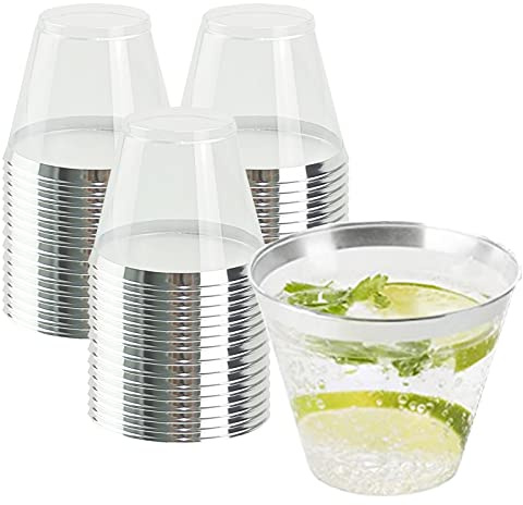 QPEY 50 Pack Silver Rimmed Plastic Cups, 9 Oz Disposable Party Cups | Premium Silver Disposable Party Cups, Hard Plastic Wine Glasses, For Holiday Gathering, Wedding, Thanksgiving, Christmas