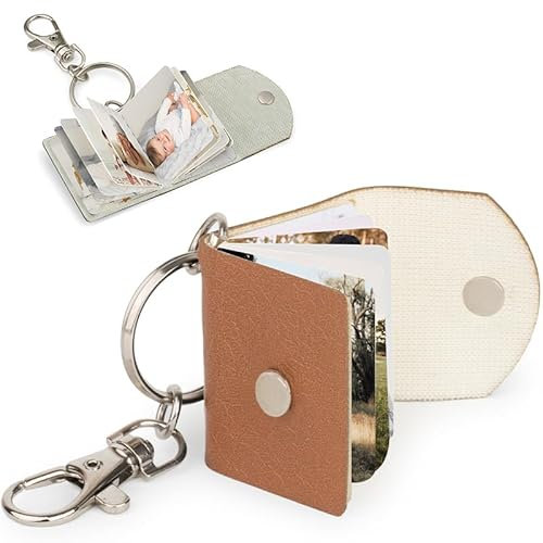 Wanapix | Porte-clés Mini Livre Personnalisé | Album Photo 18 Pages (9 feuilles doubles) | Mini Livre Stockage de Photo | Cadeau Original | 3,9 cm x 3,8 cm | Simili Cuir Marron