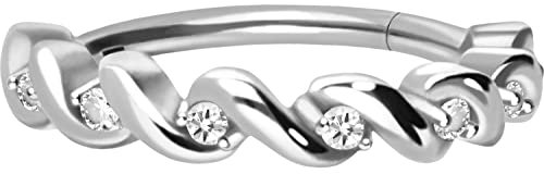 PIERCINGLINE Segmentring Clicker Chirurgenstahl GEFLOCHTEN + EINGEFASSTE KRISTALLE Piercing Ohr Helix Conch Silberfarben 8 mm