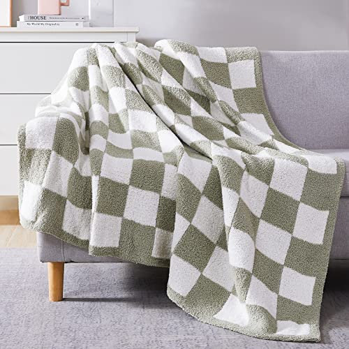 WRENSONGE Karierte Überwurfdecke, salbeigrün, Mikrofaser, weich, gemütlich, flauschig, warm, handgefertigt, Überwurfdecken für Couch, Sofa, Stuhl, Bett, Camping, Picknick, Reisen, leichte Bettdecke,