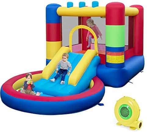 COSTWAY Castello Gonfiabile per Bambini, Casa Gonfiabile Con Scivolo, Trampolino, Piscina, Canestro da Basket e Soffiatore, per 2 Bambini di 3-10 Anni, Con Borsa di Trasporto e Kit di Riparazione