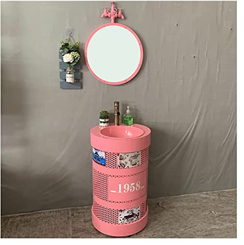 Lavabo da Bagno Artistico con piedistallo Completo, Mobile da lavabo in Stile Industriale con lavabo, Mobile da Bagno da Terra sotto Il lavandino (Rosa con Specchio)