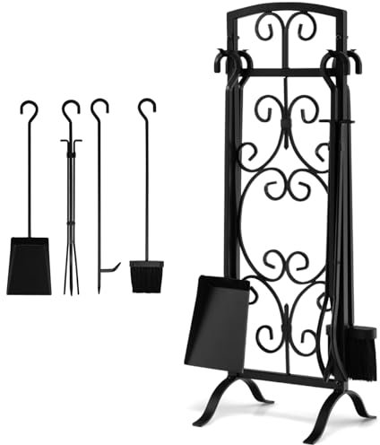 GiantexUK 30/76cm 5-Piece Fireplace Companion Set, Wrought Iron Fire Place Tools Set with Stand, Tong, Shovel, Brush & Poker, Fireside Wood Burner Coal Stove Fire Pit Accessories, Black