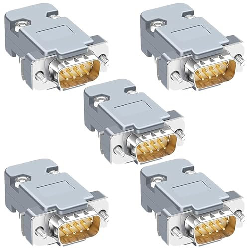 Harissess 5 Stücke DB9 RS232 D-SUB Serielle Lötbecher Verbinder Kit,Vergoldete Gelenke RS232 Serielle 9-Pin D Sub Koppler mit Kunststoffhauben,Dehnungsentlastung Tülle und Schrauben (stecker)