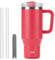 Coffee Cup Travel Mug with Handle, 40oz Tumbler with Lockable Lid, Stainless Steel Vacuum Insulated Water Bottle with Straw, Leakproof & Portable Travel Cup for Hot and Cold Drinks (Rose Red)