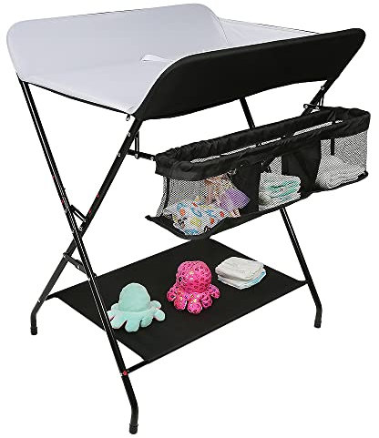 Wickeltisch Klappbar-Wickelkommode Babypflegetisch-Mobiler Wickelkombi mit Wickelauflage, Sicherheitsgurt und Ablagefächern, Tragbar Wickelkombination (schwarz weiß-79 * 55.5 * 96cm)