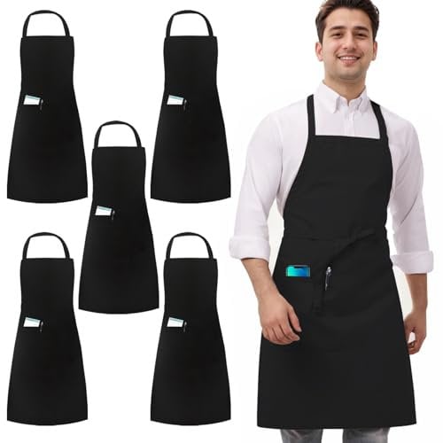 umboom 5 Pack Black Chef Aprons, Catering Aprons for Men Women, Kitchen Work Aprons, Professional Apron for Cooking, Restaurant, Bistro, Bar, Café, Garden, Salon (1 Pocket)