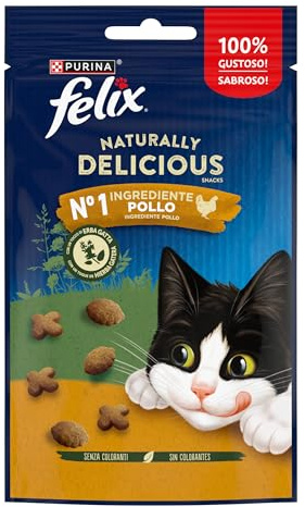 Purina Felix Naturally Delicious, Snacks, Leckerlis für Katzen mit Huhn, 8 Beutel à 50 g