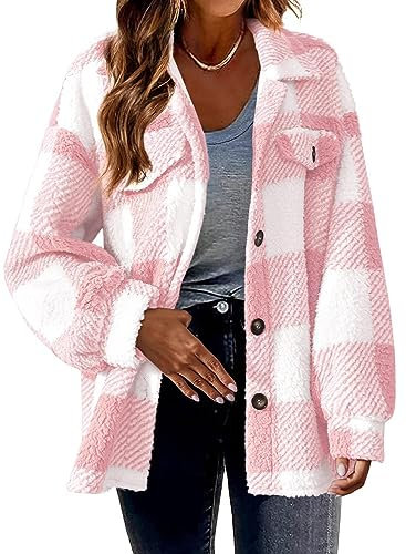 Plaid Pattern Button Front Jacket,Elegant Long Sleeve Warm Outerwear for Fall Winter,Double sided Plush Coat Tops (DE/NL/SE/PL, Alphanumerisch, 3XL, Regular, Regular, Pink)