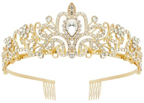 TUONYIS Corona de cristal para mujer, tiara de boda, corona de diamantes de imitación para cumpleaños, graduación, despedida de soltera, Navidad, disfraz de Halloween (dorado, talla única)